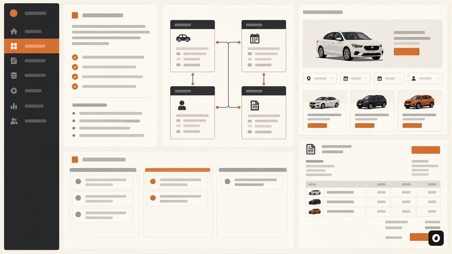 AI desktop workspace planning a car rental booking and invoice application