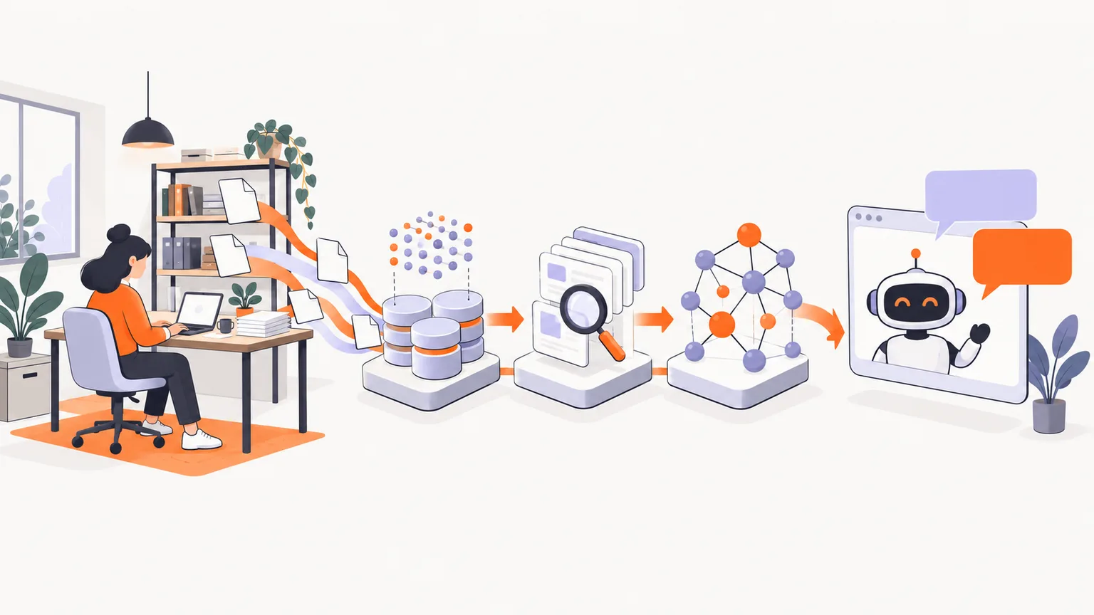 Small business office connected to a layered retrieval pipeline feeding a simple assistant