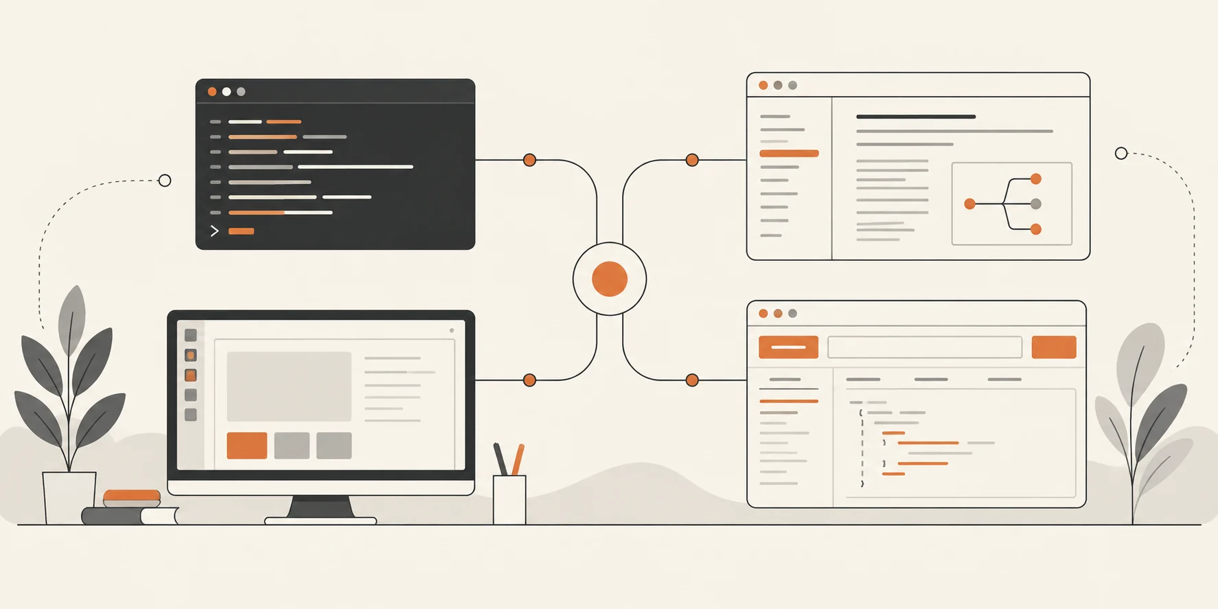 Editorial diagram of developers collaborating through a shared technical platform